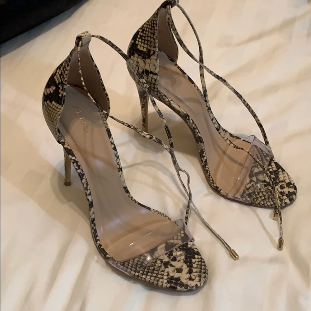 Aldo strappy heels   Snake print and clear strap
